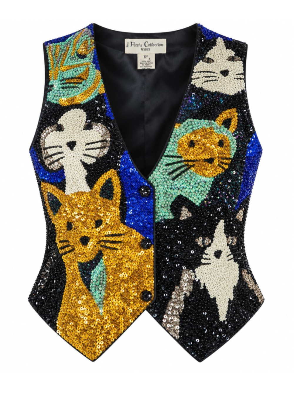 Vintage Pacific Collection by Rose Sequin Cat Vest M Beaded Kitty Maximalist